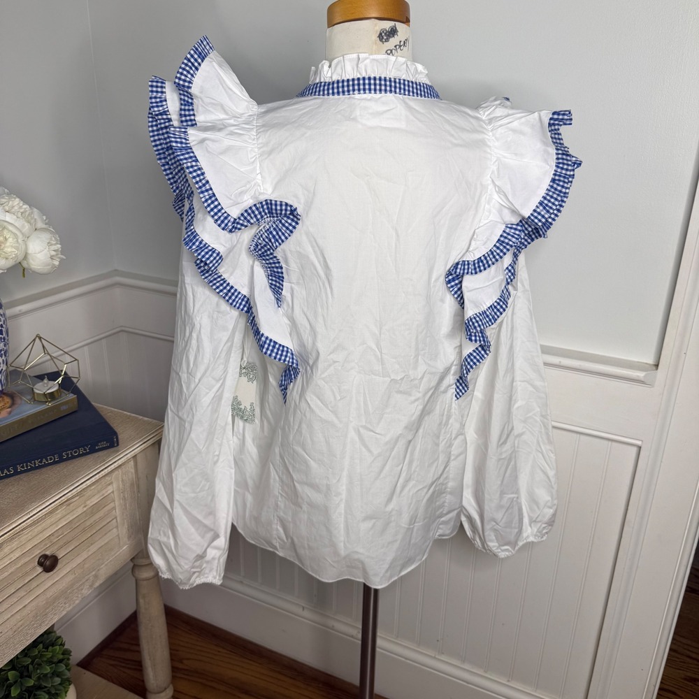 Hyacinth House Tuckernuck White Gingham Ruffle Poplin Blouse Blue Trim Large NEW - Picture 3 of 8